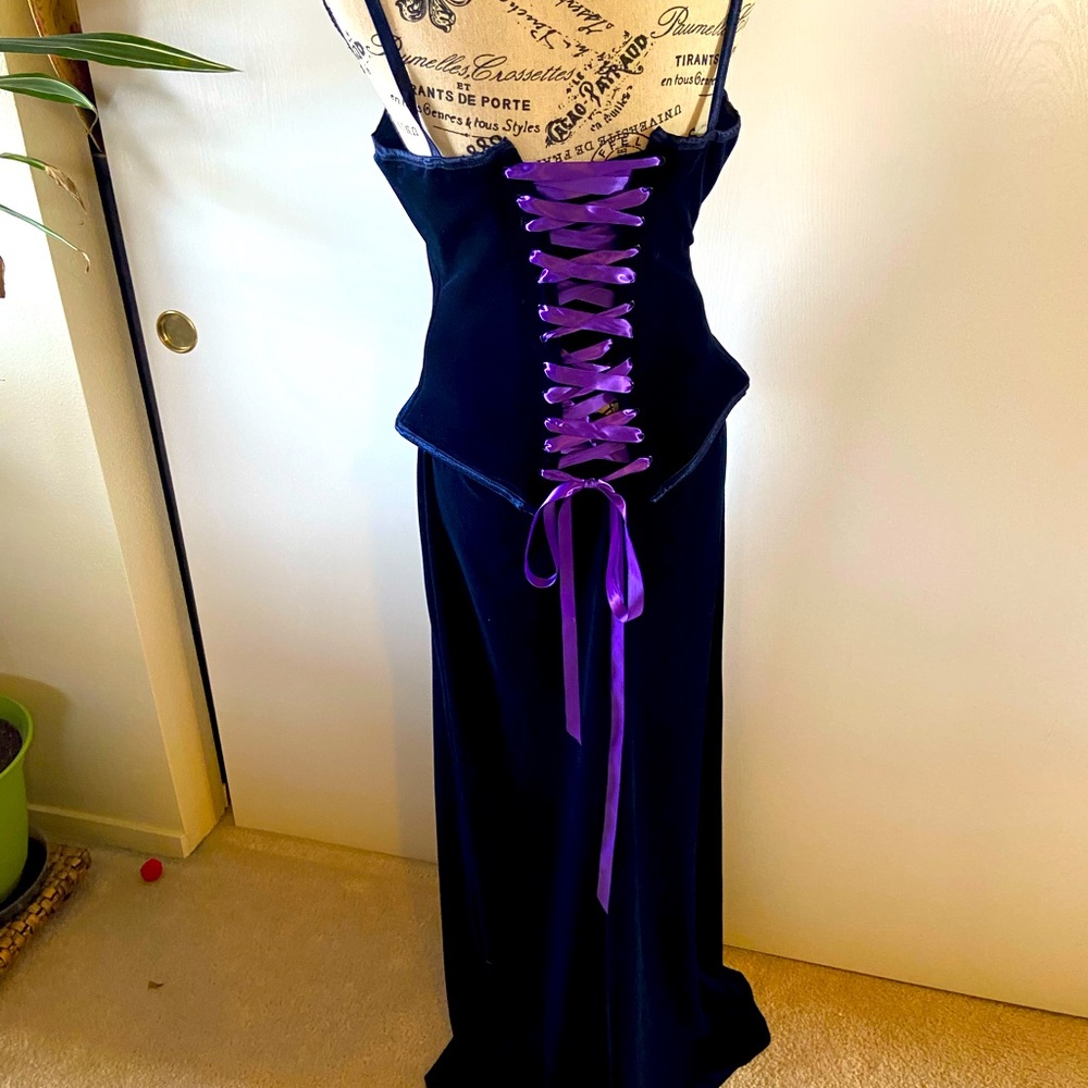 Worn only once, navy blue velvet skirt and corset style top. With purple ribbon